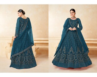 Designer Peacock Blue Party Wedding Anarkali Gown Suit, Indian Pakistani Wedding Wear Anarkali Suit, Readymade Party Wear Embroidered Gown