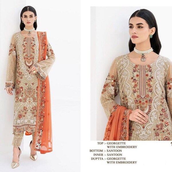 Peach Pakistani Heavy Embroidery Georgette Salwar Suit, Pakistani Suit, Pakistani Georgette Suit, Dress Material, Shalwar Kameez Dupatta