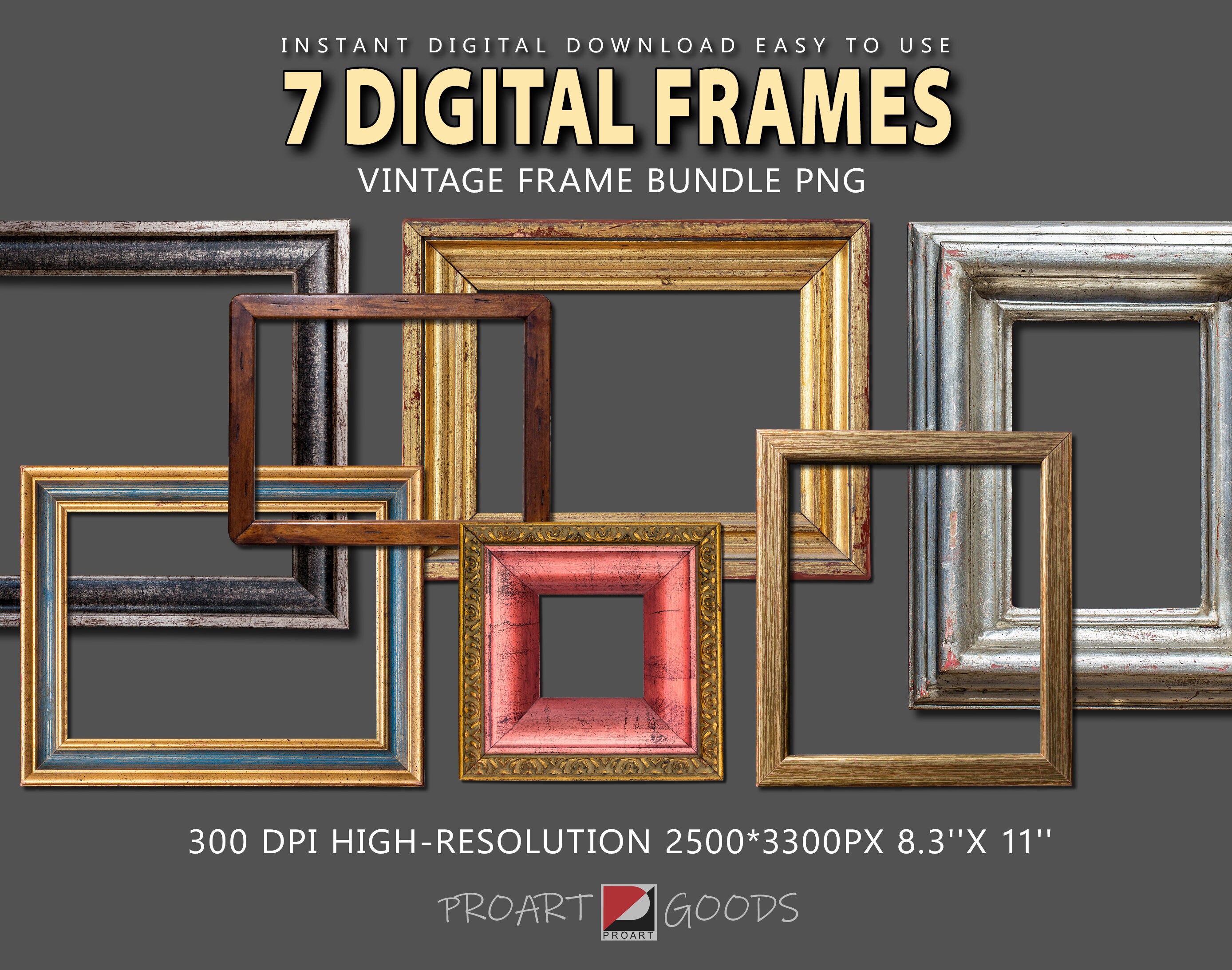 Vintage Wooden Frames for Your Designs PNG Digital Frame Bundle,7 PNG