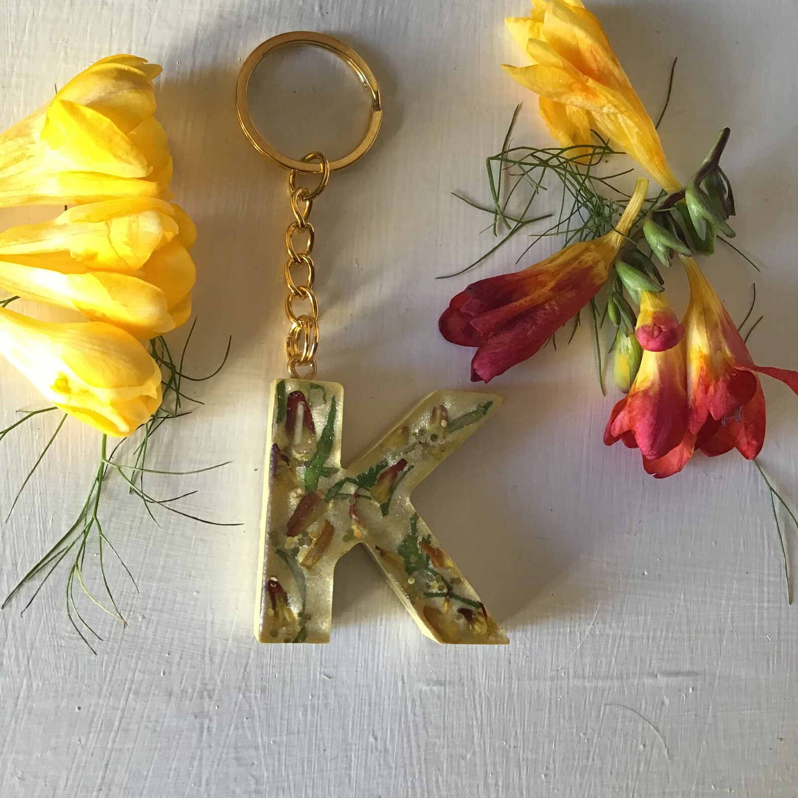 Letter K resin keychain dried flowers glitter bag Etsy