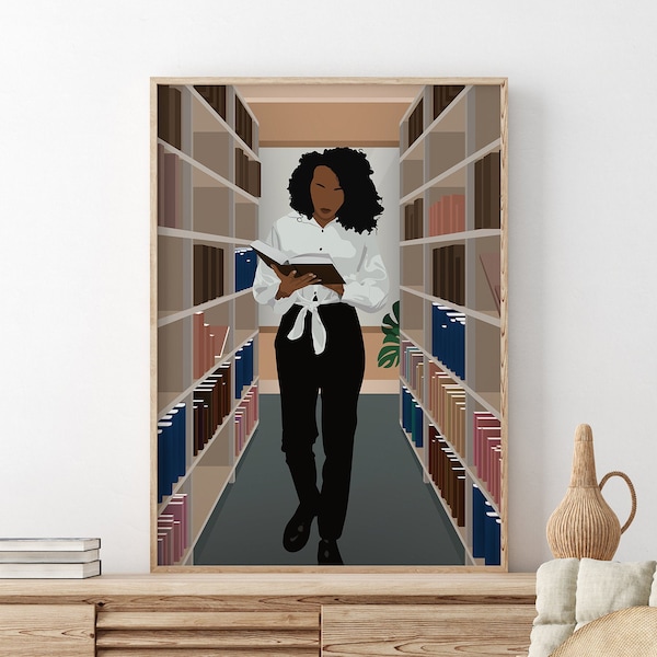 Black Girl Reading Art, Afro American Art, Book Lover Art, Abstract Female Print, Library Wall Art, Feminist Poster, Black Woman Wall Art