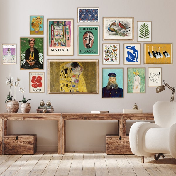 Set di stampe da parete vintage eclettico della Galleria di 16, arredamento eclettico, set di stampe botaniche, arredamento massimalista, Matisse, download digitale