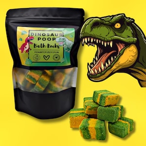 May include: A bag of green and yellow bath bombs shaped like dinosaur poo. The bag has a label that says "Dinosaur Poop Bath Rocks" with a cartoon dinosaur on it.  FOAMY/FIZZY/FUN