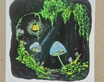 Glowing fungi gouache print
