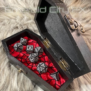 Wooden Coffin Dice Holder Vault with Gothic Skull Cameo and Bloodsucker Dice