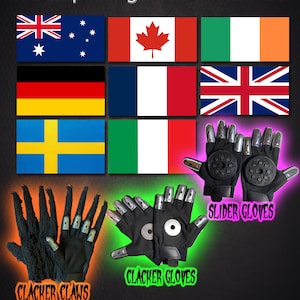 May include: Black gloves with silver accents are displayed, labeled as "Clacker Claws," "Clacker Gloves," and "Slider Gloves." The image includes flags of various countries and the text "We ship our gloves worldwide!" and "Emerald City FX."
