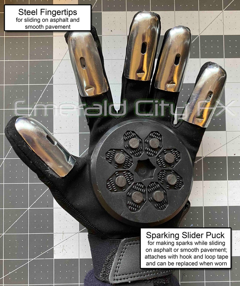 Sparking slider gloves for Halloween and haunted house featuring metal fingertips and sparking pucks. Gloves spark and make sound.