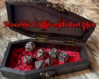 Wooden Coffin Dice Holder with Gothic Skull Cameo, Spiderweb Fabric and Bloodsucker Dice