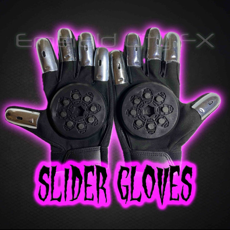 Sparking slider gloves for Halloween and haunted house featuring metal fingertips and sparking pucks. Gloves spark and make sound.