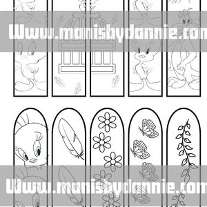 Puede incluir: Conjunto de ocho marcap&aacute;ginas imprimibles en blanco y negro con Tweety Bird, Silvestre el gato y varios dise&ntilde;os diferentes. Los marcap&aacute;ginas est&aacute;n dise&ntilde;ados para ser recortados y coloreados.