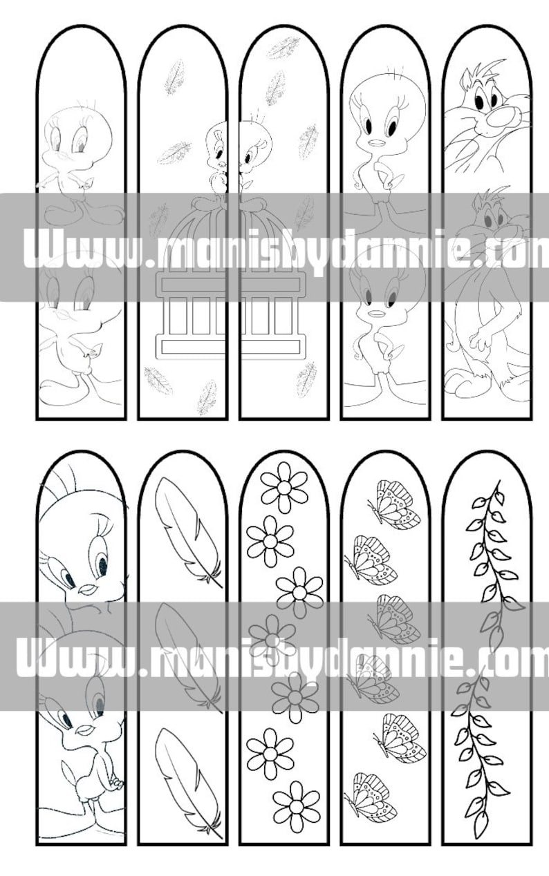 Puede incluir: Conjunto de ocho marcap&aacute;ginas imprimibles en blanco y negro con Tweety Bird, Silvestre el gato y varios dise&ntilde;os diferentes. Los marcap&aacute;ginas est&aacute;n dise&ntilde;ados para ser recortados y coloreados.