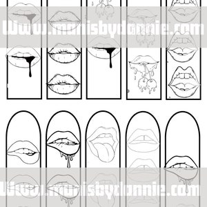 Puede incluir: Un conjunto de 10 dise&ntilde;os de marcap&aacute;ginas imprimibles en blanco y negro con diferentes estilos de labios. Los marcap&aacute;ginas est&aacute;n dise&ntilde;ados para ser impresos y recortados. Los dise&ntilde;os incluyen labios con l&iacute;quido goteando, cerezas y lenguas.