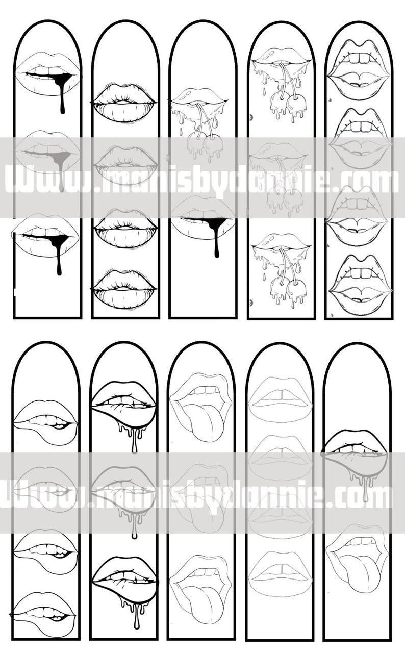 Puede incluir: Un conjunto de 10 dise&ntilde;os de marcap&aacute;ginas imprimibles en blanco y negro con diferentes estilos de labios. Los marcap&aacute;ginas est&aacute;n dise&ntilde;ados para ser impresos y recortados. Los dise&ntilde;os incluyen labios con l&iacute;quido goteando, cerezas y lenguas.
