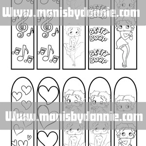 Puede incluir: Dise&ntilde;os de marcap&aacute;ginas imprimibles en blanco y negro con Betty Boop. Los dise&ntilde;os incluyen notas musicales, corazones y Betty Boop en diferentes poses.