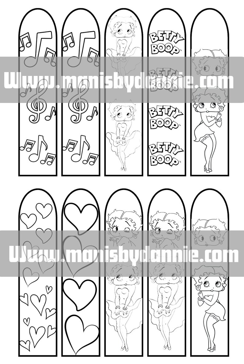 Puede incluir: Dise&ntilde;os de marcap&aacute;ginas imprimibles en blanco y negro con Betty Boop. Los dise&ntilde;os incluyen notas musicales, corazones y Betty Boop en diferentes poses.