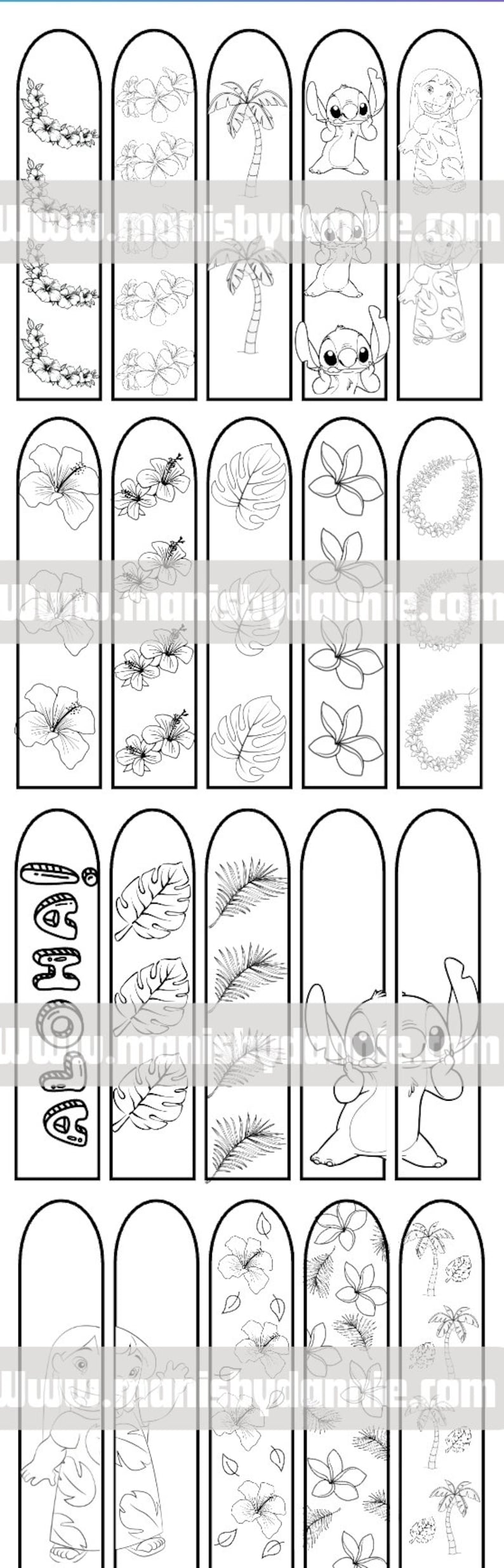 Puede incluir: Un conjunto de diez dise&ntilde;os de marcap&aacute;ginas imprimibles en blanco y negro con flores tropicales, hojas y el personaje Stitch de la pel&iacute;cula de Disney Lilo & Stitch. Los marcap&aacute;ginas est&aacute;n listos para ser coloreados.