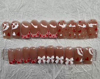 Valentine's Day Press On Nails: Pink Hearts, Kisses, Acrylic - 20 Piece