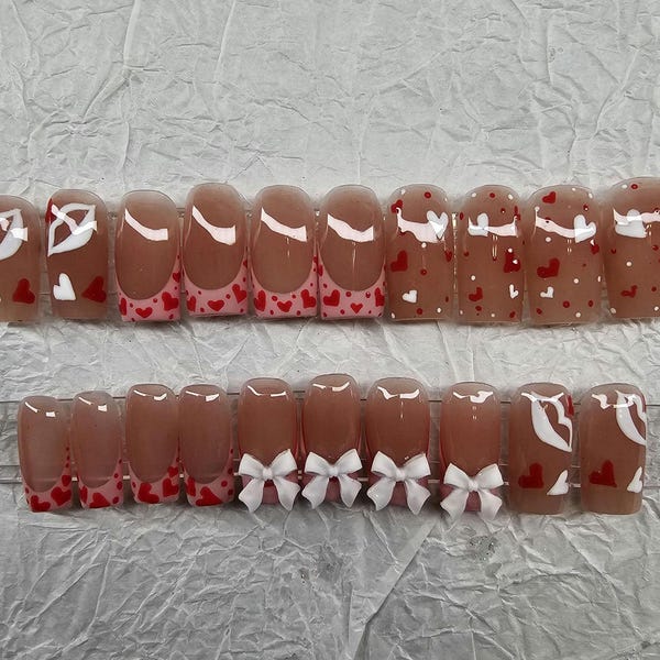 Valentine's Day Press On Nails: Pink Hearts, Kisses, Acrylic - 20 Piece