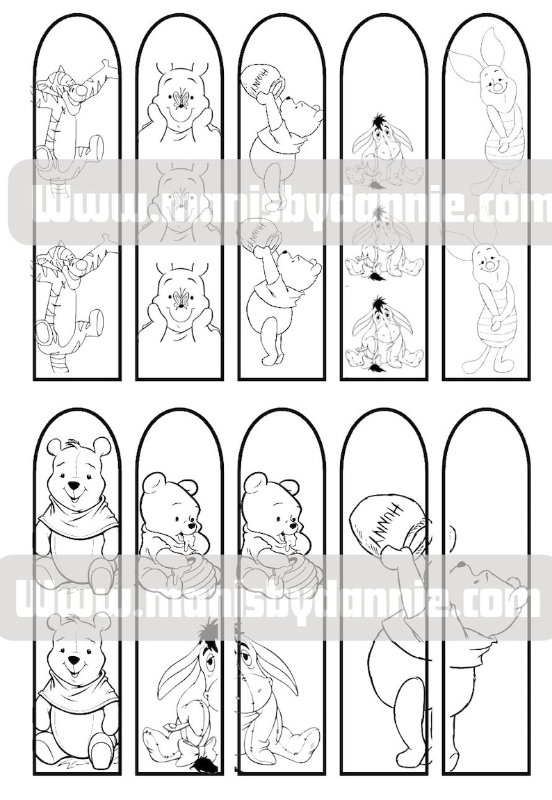 Puede incluir: Marcap&aacute;ginas imprimible en blanco y negro con Winnie de Pooh y sus amigos. El marcap&aacute;ginas incluye im&aacute;genes de Winnie de Pooh, Tigger, Piglet, Eeyore y una mariposa.