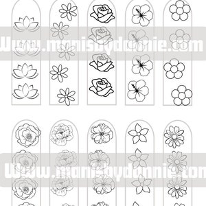 Puede incluir: Una hoja imprimible con 10 dise&ntilde;os de flores diferentes, perfecta para proyectos de manualidades. Los dise&ntilde;os incluyen flores de loto, margaritas, rosas, flores de hibisco y flores simples.