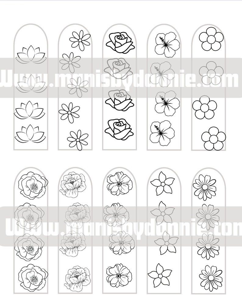 Puede incluir: Una hoja imprimible con 10 dise&ntilde;os de flores diferentes, perfecta para proyectos de manualidades. Los dise&ntilde;os incluyen flores de loto, margaritas, rosas, flores de hibisco y flores simples.