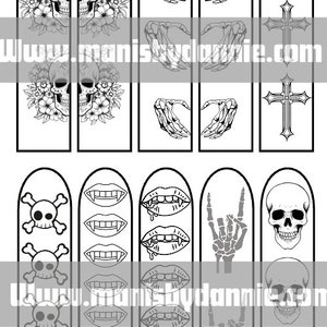 May include: Set of 20 black and white nail art stickers featuring various designs including skulls, hearts, crosses, and flowers.