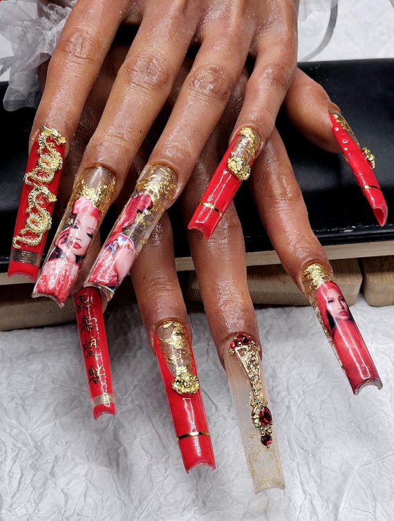 red nails with gold dress Joyeenails Coquette Christmas Nails, Red Cat Eye with Gold Roses & 3D Bow, Romantic Holiday Press On Nails, XS / Extra Short Almond main image 1