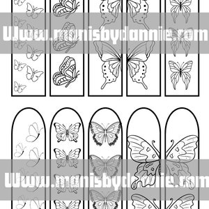 Puede incluir: Ocho dise&ntilde;os de marcap&aacute;ginas imprimibles en blanco y negro con diferentes ilustraciones de mariposas. Los marcap&aacute;ginas son todos del mismo tama&ntilde;o y forma, con la parte superior redondeada y la inferior recta. Las mariposas est&aacute;n todas en diferentes poses, algunas mirando hacia adelante, otras de lado y otras hacia atr&aacute;s. Los marcap&aacute;ginas son perfectos para a&ntilde;adir un toque de fantas&iacute;a a cualquier libro.