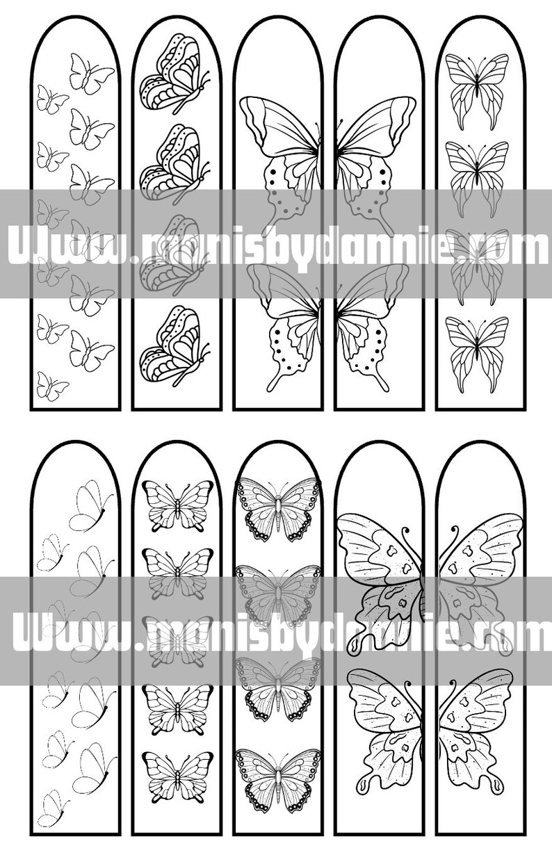 Puede incluir: Ocho dise&ntilde;os de marcap&aacute;ginas imprimibles en blanco y negro con diferentes ilustraciones de mariposas. Los marcap&aacute;ginas son todos del mismo tama&ntilde;o y forma, con la parte superior redondeada y la inferior recta. Las mariposas est&aacute;n todas en diferentes poses, algunas mirando hacia adelante, otras de lado y otras hacia atr&aacute;s. Los marcap&aacute;ginas son perfectos para a&ntilde;adir un toque de fantas&iacute;a a cualquier libro.