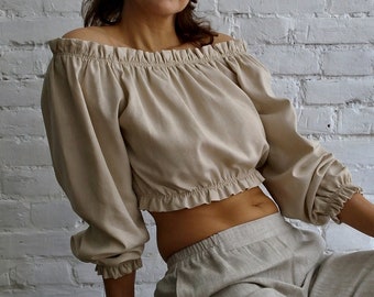 LINEN TOP, Linen shirt for women, Off shoulder Women linen top, Linen Crop top, Open shoulders linen top, Linen Tank top, Handmade linen top