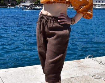Pantalones cortos de lino orgánico, pantalones cortos largos de lino con bolsillos, pantalones cortos de lino para mujer, pantalones cortos informales para mujer, pantalones cortos básicos de lino, pantalones cortos holgados de lino para verano