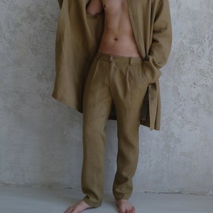 Pantalon en lin plissé pour homme, taille 2XL, vert sauge, pantalon en lin classique, pantalon de travail décontracté en lin OEKO-TEX, pantalon en lin naturel, cadeau pour lui image 1