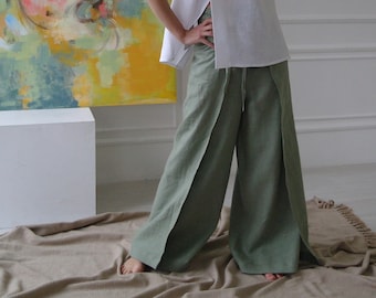 Women's WRAP Linen Pants, Fisherman Pants for Women, OEKO-TEX Flax pants, Women's Harem Pants, Beach Wear, Slit Pants, Sage Linen Pants