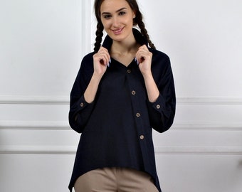 Chemise femme, chemise en lin asymétrique femmes, chemise en lin à manches 3/4, chemise décontractée en lin femme, chemisier en lin ample, haut Maxi en lin