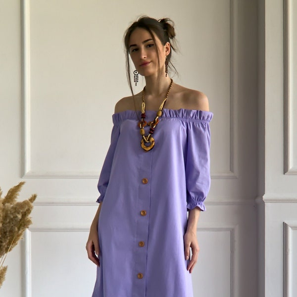 LAVENDER LINEN DRESS, off shoulder dress, linen dress for summer, loose-fit dress, midi dress with wooden buttons, puffed sleeves dress