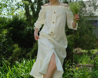 ONLY 2 LEFT! Unique Linen Dress, Womens linen dress, Linen Summer dress, Off shoulder dress, Open shoulder dress with peasant puffed sleeves