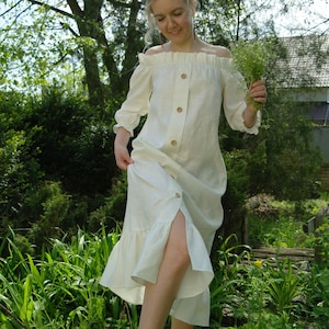 ONLY 2 LEFT! Unique Linen Dress, Womens linen dress, Linen Summer dress, Off shoulder dress, Open shoulder dress with peasant puffed sleeves