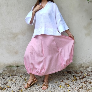 BOHO Linen Skirt, Pink Pleated Skirt, Women&#39;s Long Linen Skirt, Maxi Bubble Linen Skirt Pockets, Cocoon Style Skirt, Flared Panelled Skirt