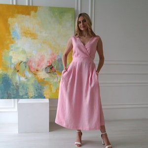 LINEN DRESS Women, Linen wrap dress, Maxi linen dress, Ruffled Linen dress, Linen V-neck dress, Pink linen dress, Organic linen dress