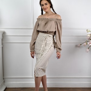 LINEN WRAP SKIRT, Natural linen skirt, Casual skirt from organic linen, midi linen skirt, striped flax skirt