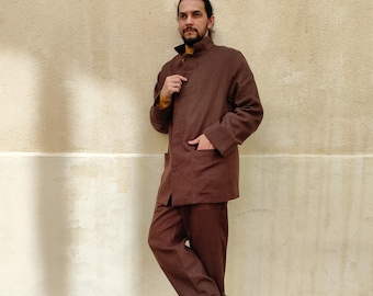 MEN'S LINEN SUIT: button down Jacket and straight wide-leg Pants, Men's Linen Suit, Mid-weight Linen Casual Suit for Men, Organic Flax Suit