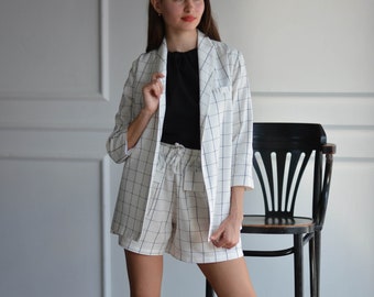 Women two-piece linen suit, check trendy suit, flax kimono jacket and patch pockets shorts, shawl collar blazer and pleated shorts