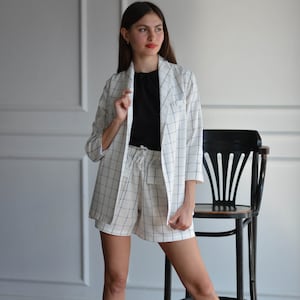 Women two-piece linen suit, check trendy suit, flax kimono jacket and patch pockets shorts, shawl collar blazer and pleated shorts