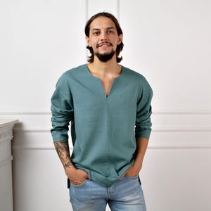 MEN LINEN SHIRT, Natural Linen shirt, Long-sleeved V neck men&#39;s shirt. Casual shirt. Beach Shirt, Lounge Shirt, Flax Shirt. Gift for Him!