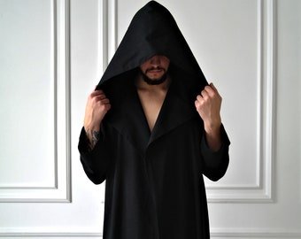 Mens linen robe, Linen robe for men, Hooded black robe, Black Hoodie, Male bathrobe, Linen robe, Men&#39;s bathrobe, Gown for Men, Gift for him