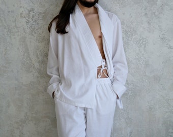 MEN LINEN KIMONO, Linen Kimono shirt and tapered pants. White linen Kimono for men. Linen pants with elastic waist and cuffs. Gift for Him!