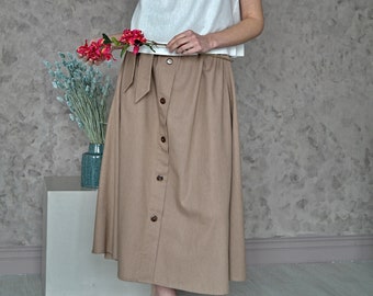 LINEN A-line SKIRT, High-waist elasic Skirt with Belt, Ruffled linen skirt, Midi Linen Skirt, Linen skirt with pockets, Long linen skirt