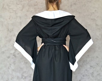 LUXURY WOMEN's robe, Black&White Maxi Robe, Linen Robe with Hood, Long Kimono robe for Women, Gift for Her, Hooded Linen Dress, Flax robe