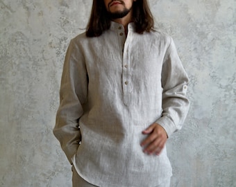 Mens Natural Shirt, Linen Shirt Men, Linen Band-collar shirt for Men, Heavy Linen Sustainable Men's Shirt, Organic Flax Shirt, Gift for Him!