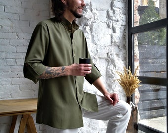 Mens Linen shirt, Linen shirt men, Band collar shirt, Classic shirt, Organic flax shirt, Man&#39;s shirt, Elegant linen shirt, Gift for Him
